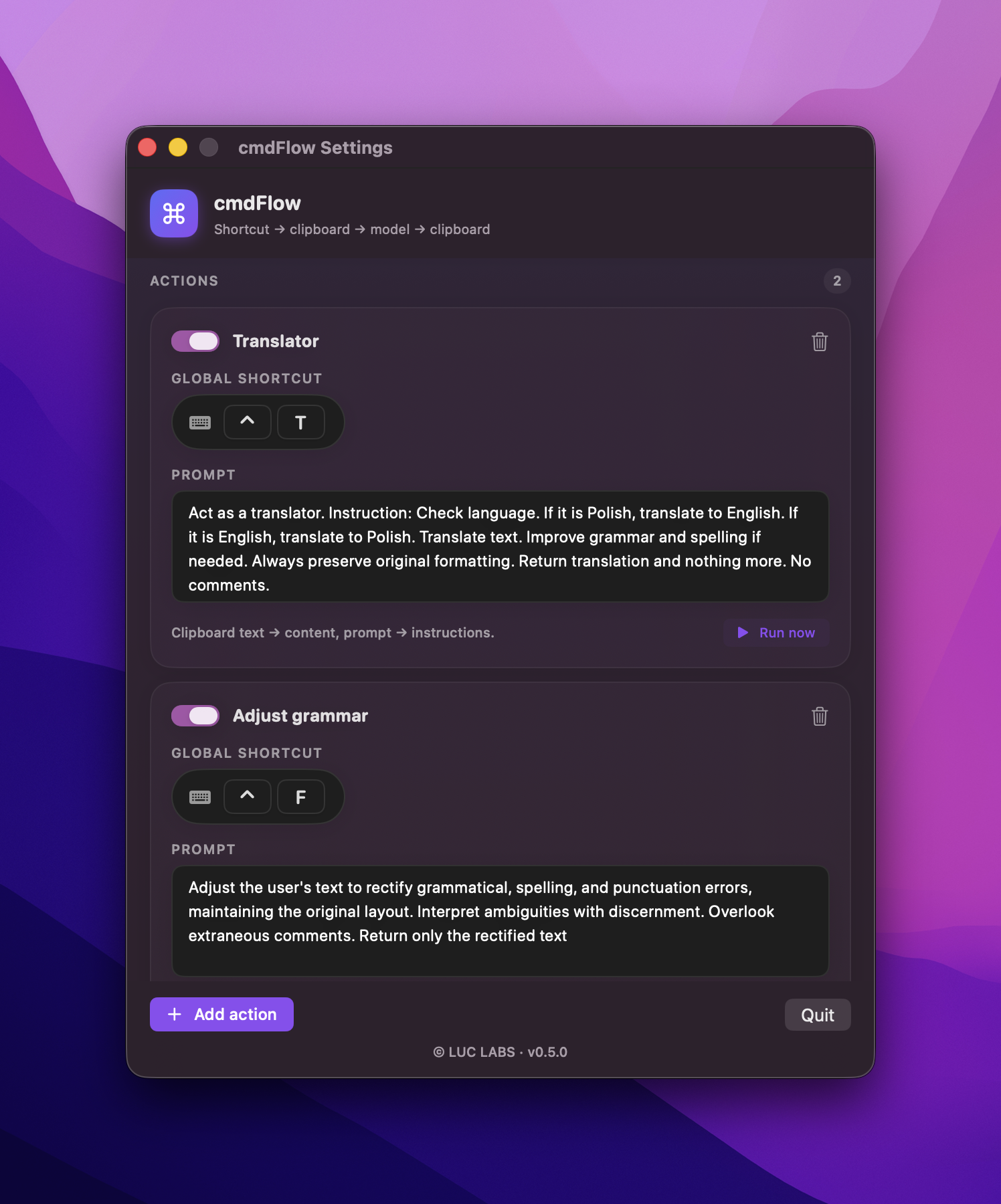 The cmdFlow settings window on macOS showing the Translator and Adjust grammar actions with their global shortcuts and prompts.